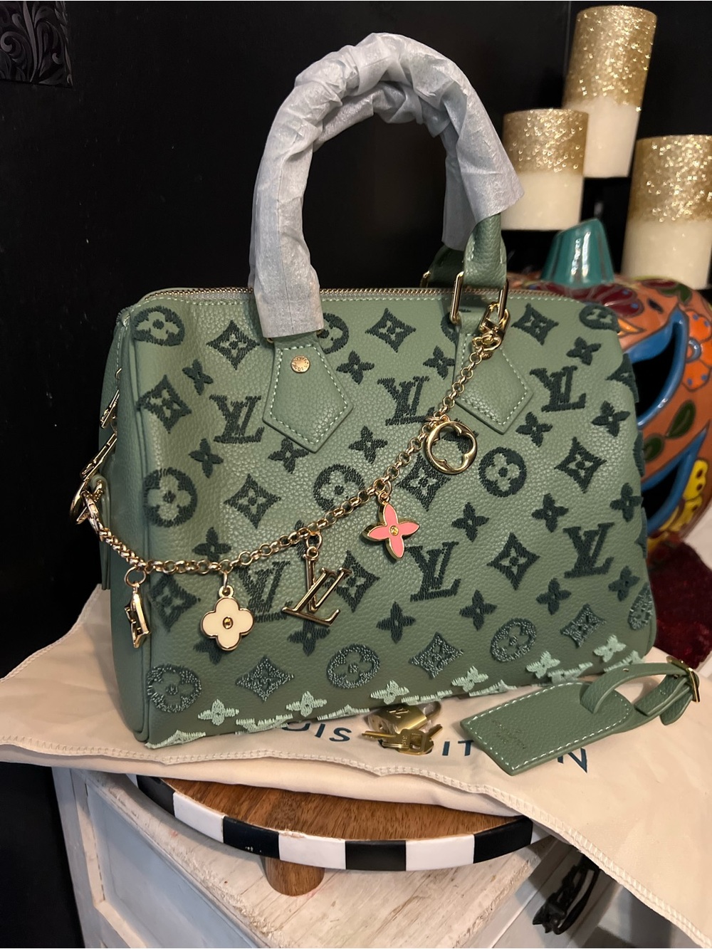 FASHION DESIGNER SAGE GREEN Monogram Satchel-NWOT - Picture 5 of 13
